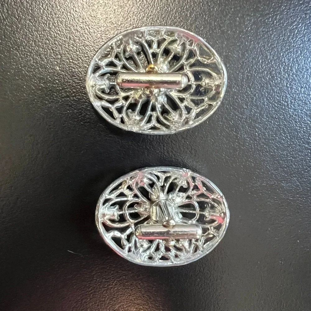 Vintage Silver Filigree Cufflinks Purple and Amber Rhinestones‎ Oval Statement